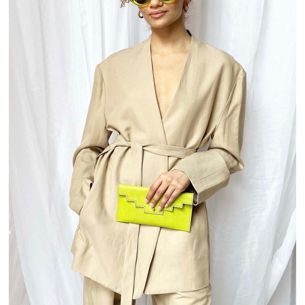 Enza Costa Twill Relaxed Blazer Small Stone Belted V-Neck Oversized Minimalist